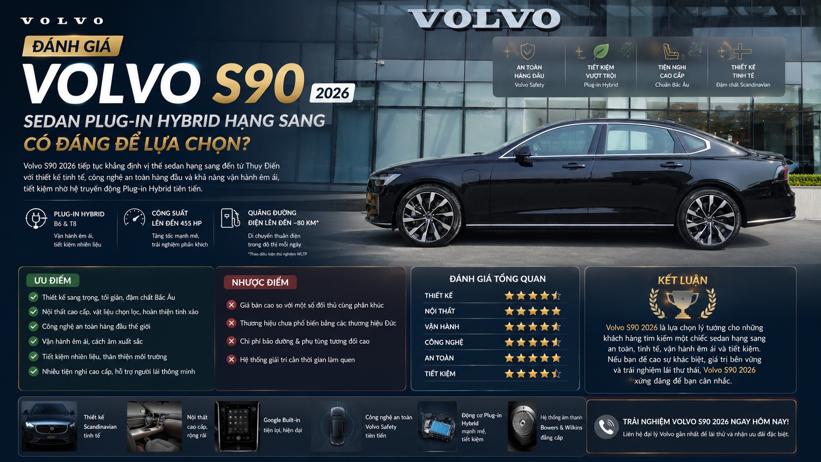 Đánh giá Volvo S90 2026: Sedan Plug-in Hybrid sang trọng, an toàn và khác biệt